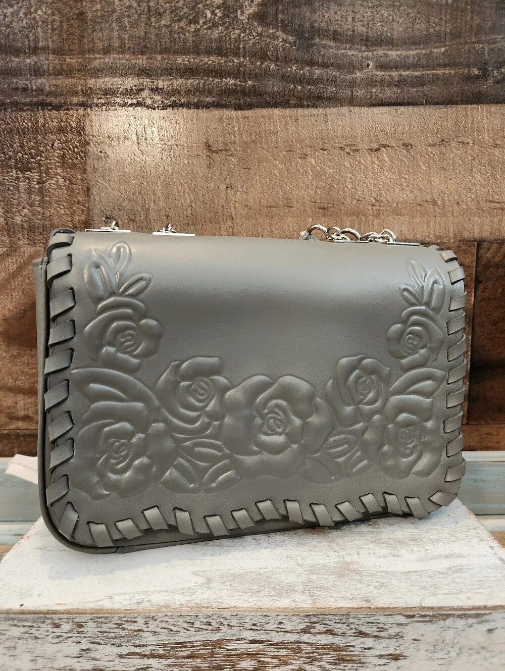 Anne Fontaine Gray Rose-Embossed Crossbody with Woven Edge